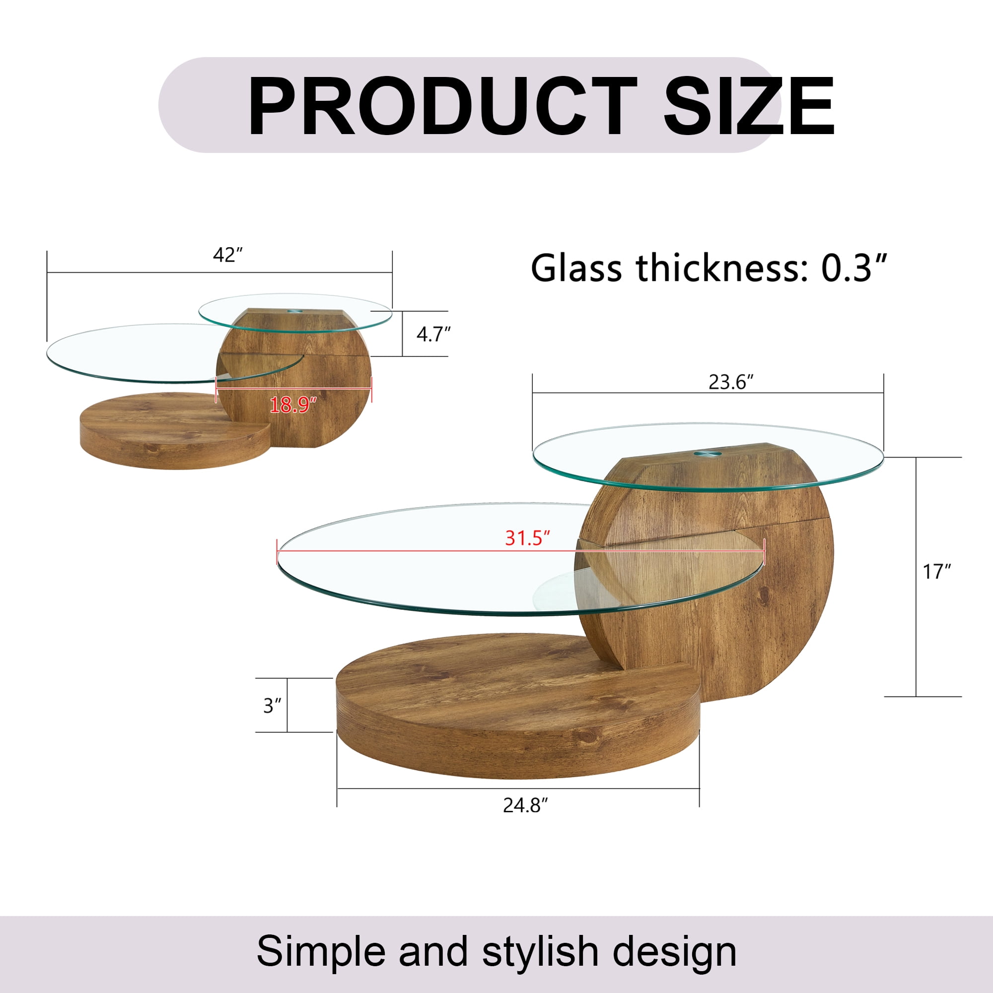 Vanress 42" Glass Coffee Table, Round Coffee Table, Modern Double Layer Round Glass Coffee Table for Living Room, Wood