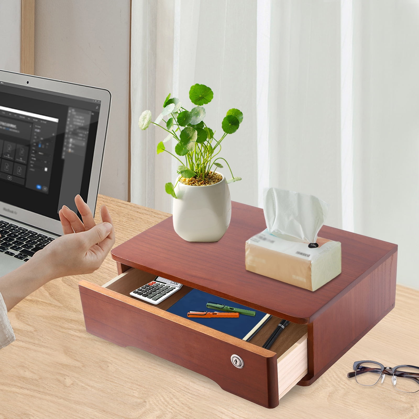 Multifunctional Desktop Storage Box with Lockable Drawer Stand Desktop Desktop Organizer Office Supplies Drawer Organizer (Walnut Color)