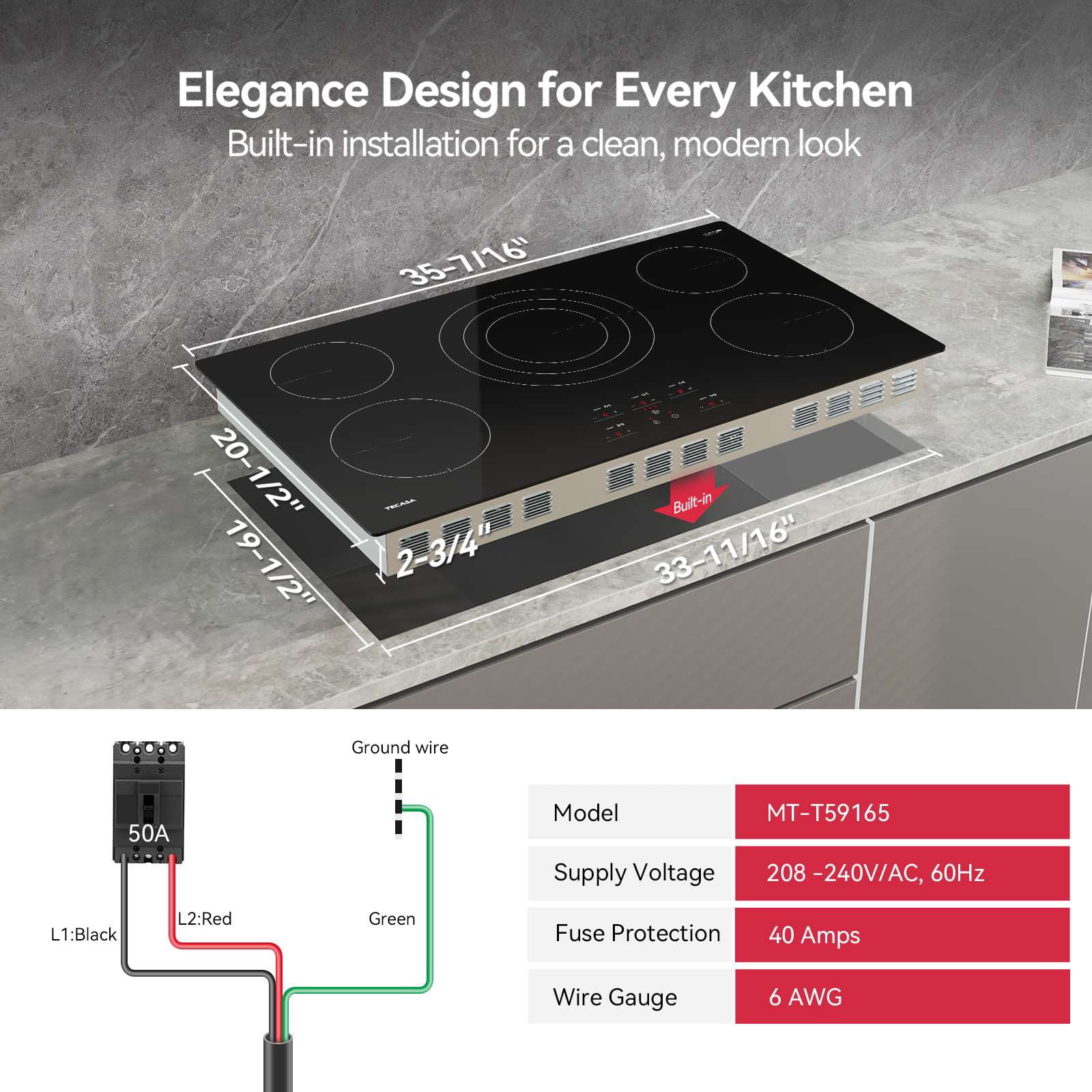 Tecasa 36 Inch 5 Burners Smooth Surface (Radiant) Electric Ceramic Cooktop, 9000 W Built-In Stove Top with Tri-Ring Element and Touch Control, Black