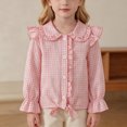 thumbnail image 2 of YDFCWXW Girls Long Sleeve Plaid Ruffle Button Down Shirt Cowgirl Western Tie Front Blouse 5-14 Years (Pink, 3-4 Years), 2 of 9