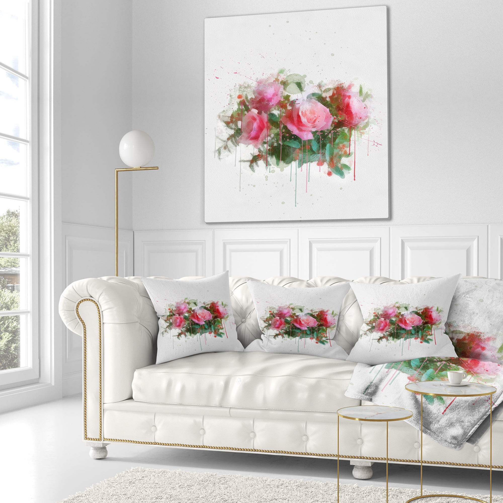 Designart Bunch of Pink Roses Watercolor - Flower Throw Pillow - 16x16