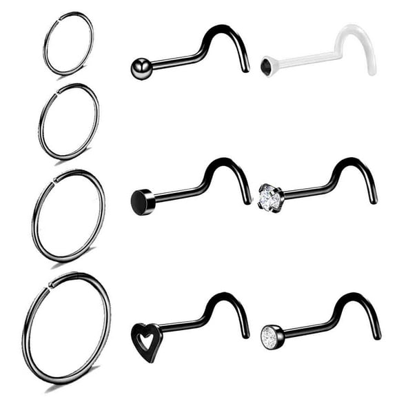ZS 10PCS 20G Nose Hoop Rings CZ Nose Piercing Black Color Nostril Piercing Nose Corkscrew Stud