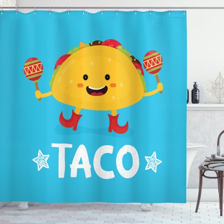 Ambesonne Mexican Shower Curtain, Dancing Funny Taco Cartoon, 69"Wx70"L, Earth Yellow Blue