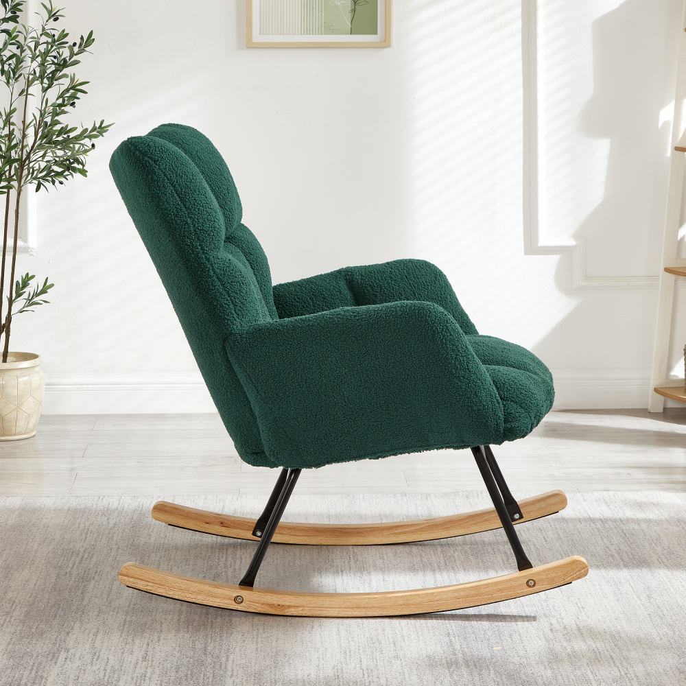 DECMAY Glider Chair for Living Room, Tufted Upholstered Teddy Fabric Rocking Accent Chair with Metal Frame and Wooden Legs