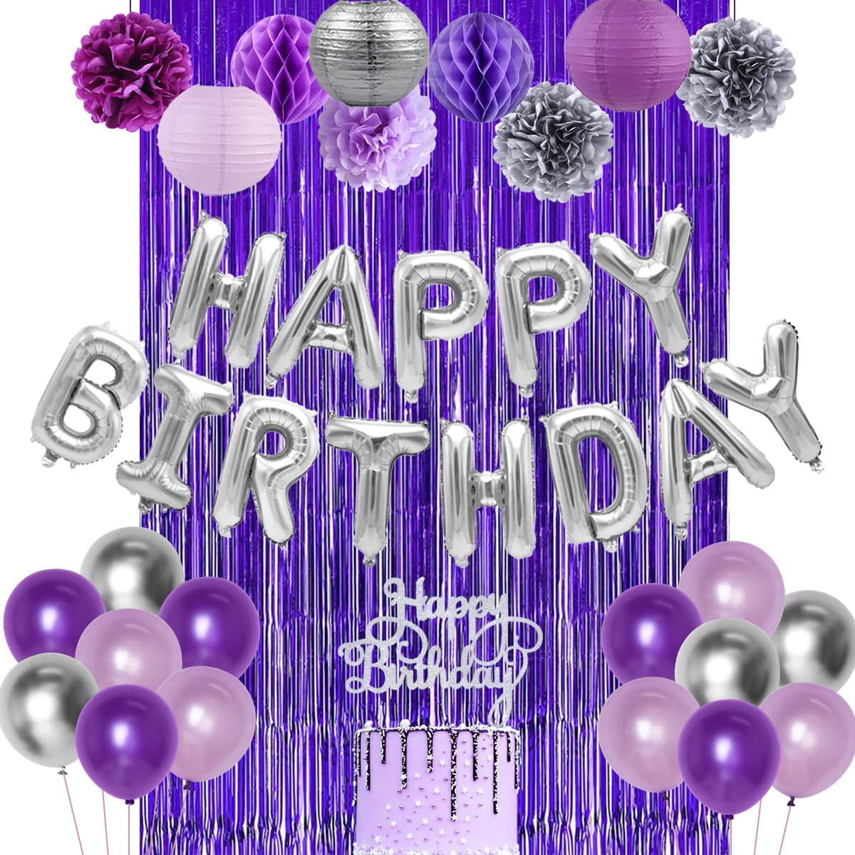 Nelbiirth Happy 40th Birthday Purple & Silver Glitter Swirls Streamers Party Decorations - 15 Pcs 40th Birthday Hanging Swirls Streamers Kit,Perfect