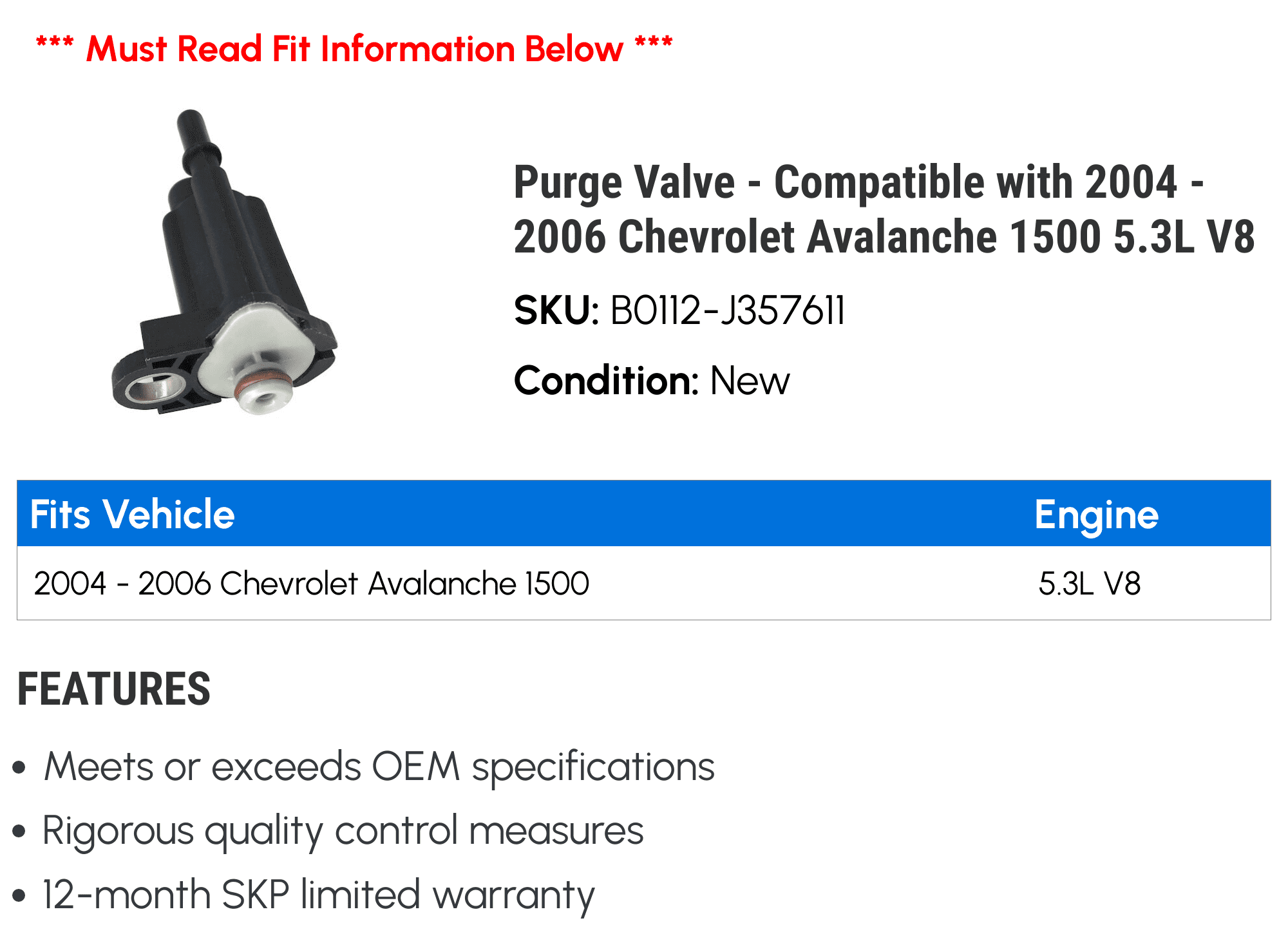 Purge Valve - Compatible with 2004 - 2006 Chevy Avalanche 1500 5.3L V8 2005