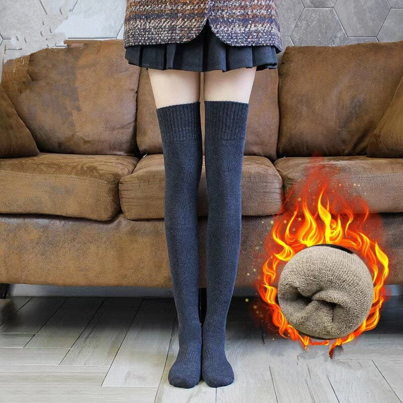 Mode Hiver Cuir haute chaussettes femmes solide long coton bas chaud laine haute genou chaussette femme jambe botte confortable bas Walmart