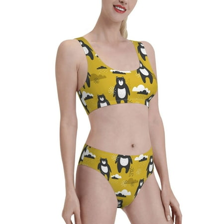 Uemuo Cartoon Bear Yellow Printed Women s High Waisted Bikini Sets Sporty Two Piece Swimsuits Color Block Cheeky High Cut Bathing Suits-X-Large