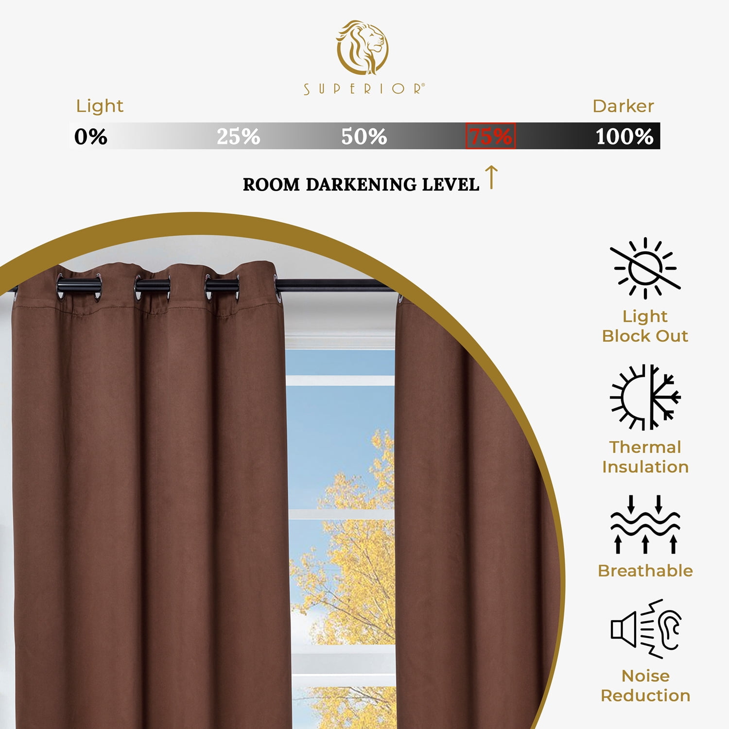 Superior Solid Blackout Curtain Set of 8, 52" x 84", Cappuccino