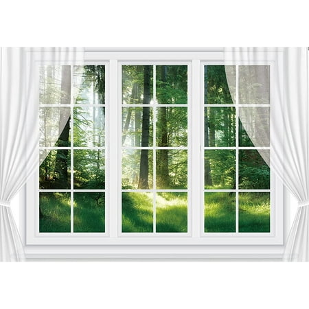 Image of Window Scenery Photography Backdrop 7x5ft Natural Green Trees Forest White Curtain Photo Background for Baby Shower Party Photo Shoot Banner