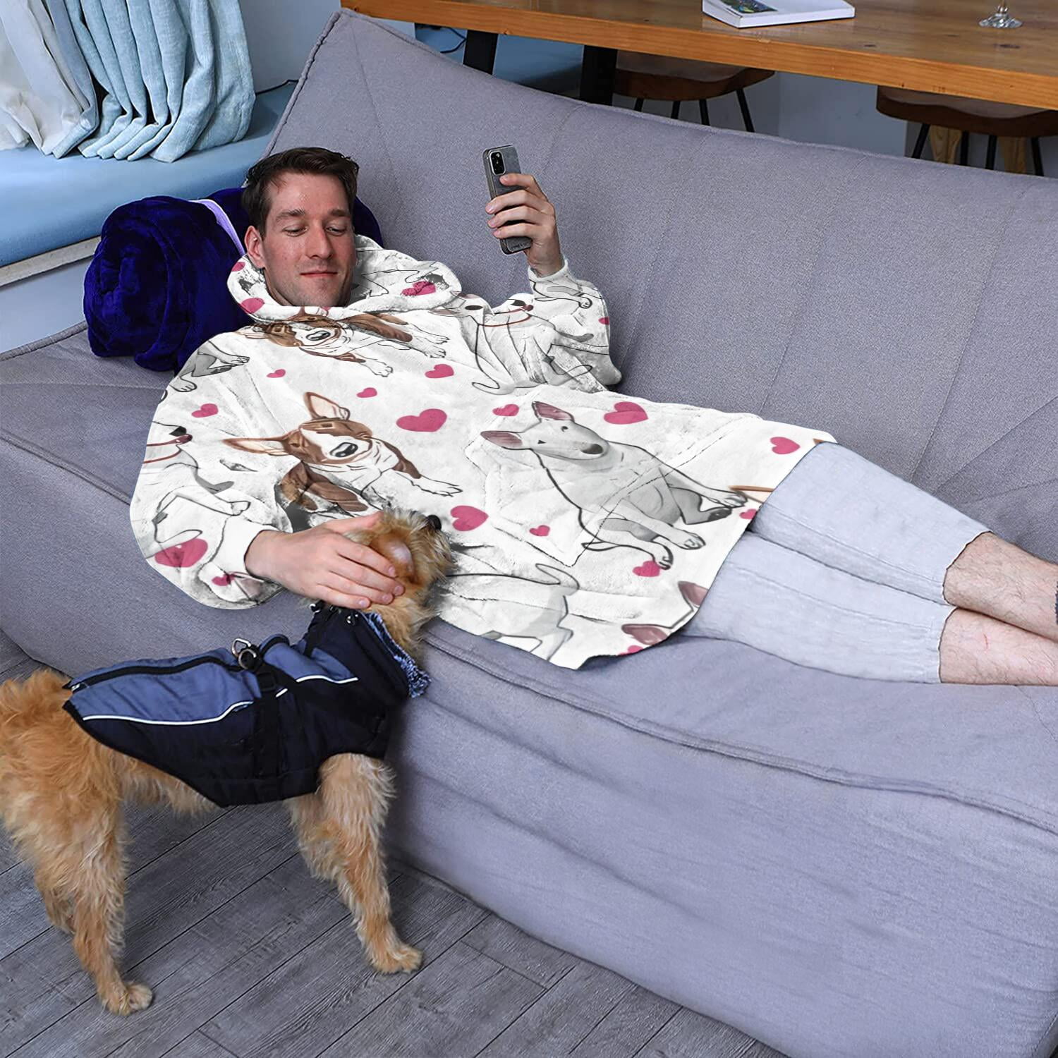 Wearable Oversized Blanket,Bull Terriers and Hearts Wearable Blanket Hoodie for Adults,Cozy Hooded Blankets with Super Pockets,Super Warm Fuzzy Pullover for Women & Men