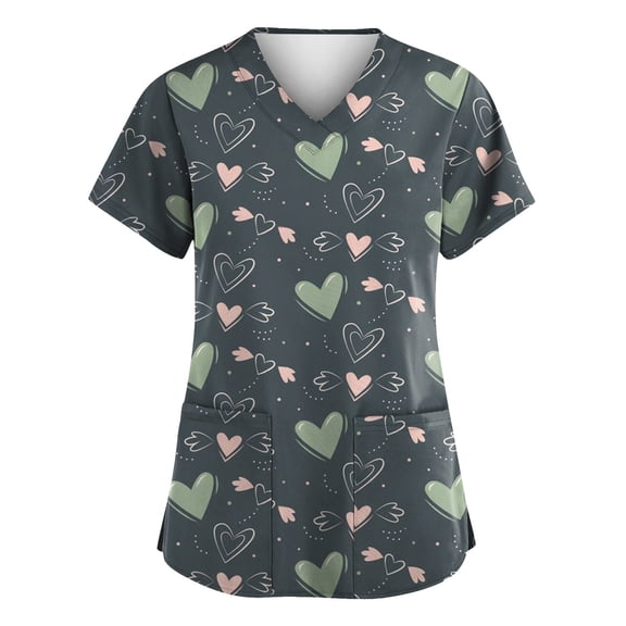 Garbnen Valentine Scrub Tops Plus Size Heart Print Short Sleeve V Neck Workwear Women with Pocket Stretch Nursing Uniform S-5XL