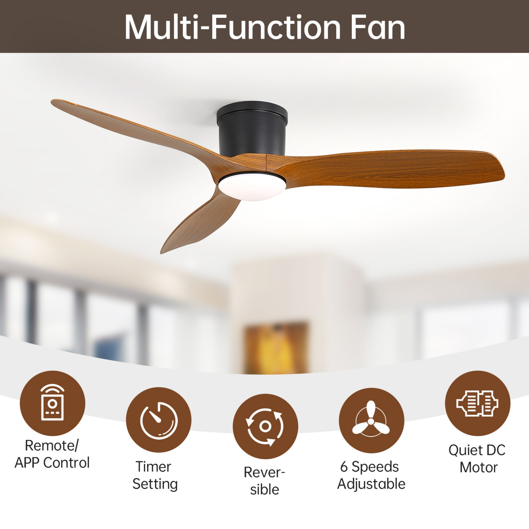 Sofucor 52-Inch ABS Flush Mount Black Ceiling Fan with Integrated LED Light and Remote Control,Smart Ceiling Fan and APP Control