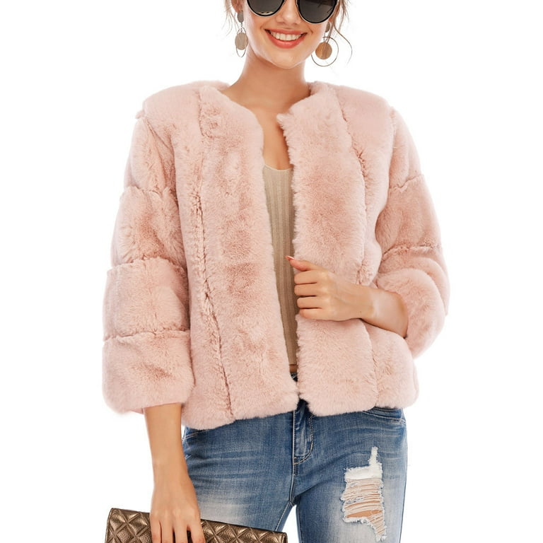 Plus size pink top faux fur jacket