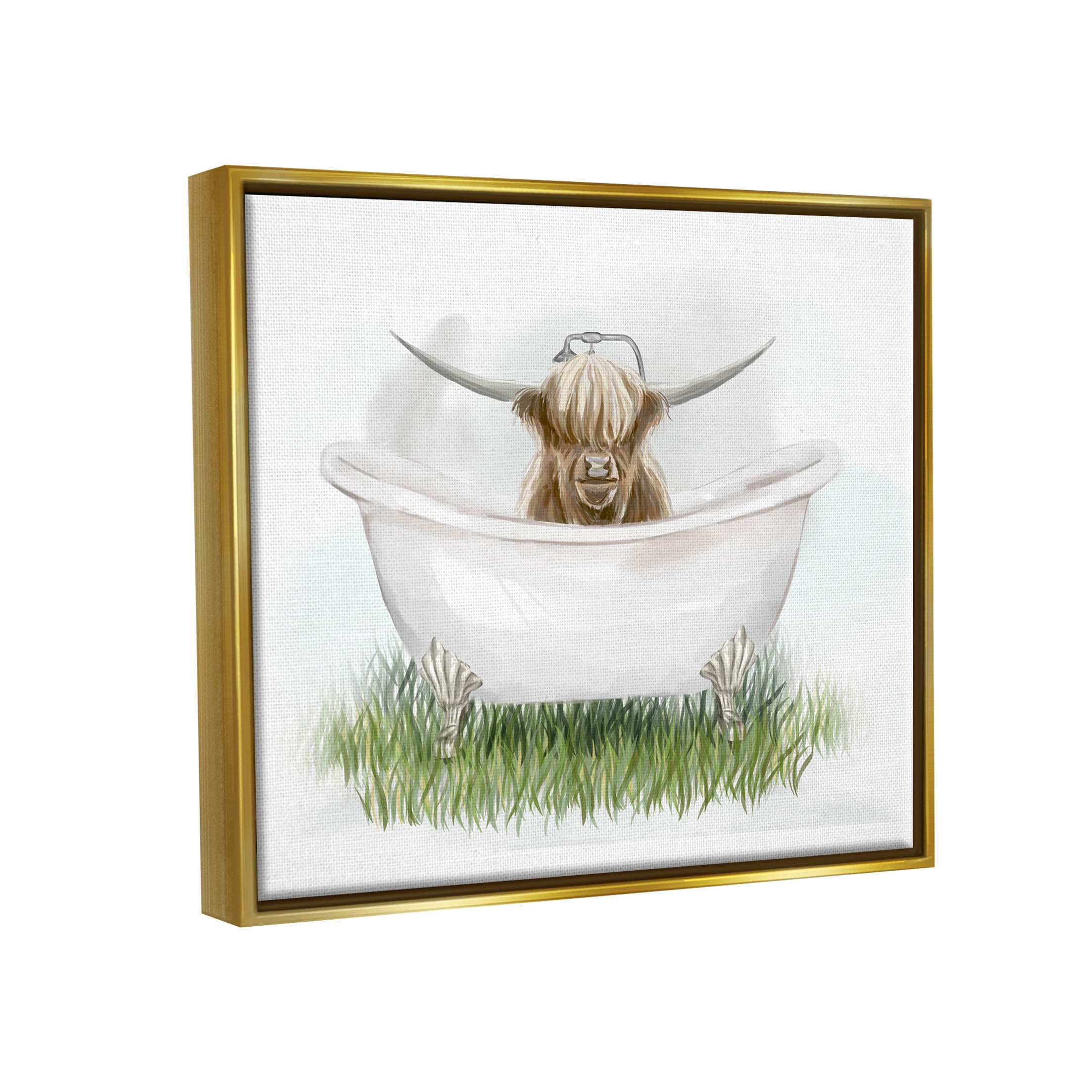 Country Highland Cattle Bathtub Animals & Insects Graphic Art Metallic Gold Framed Art Print Wall Art