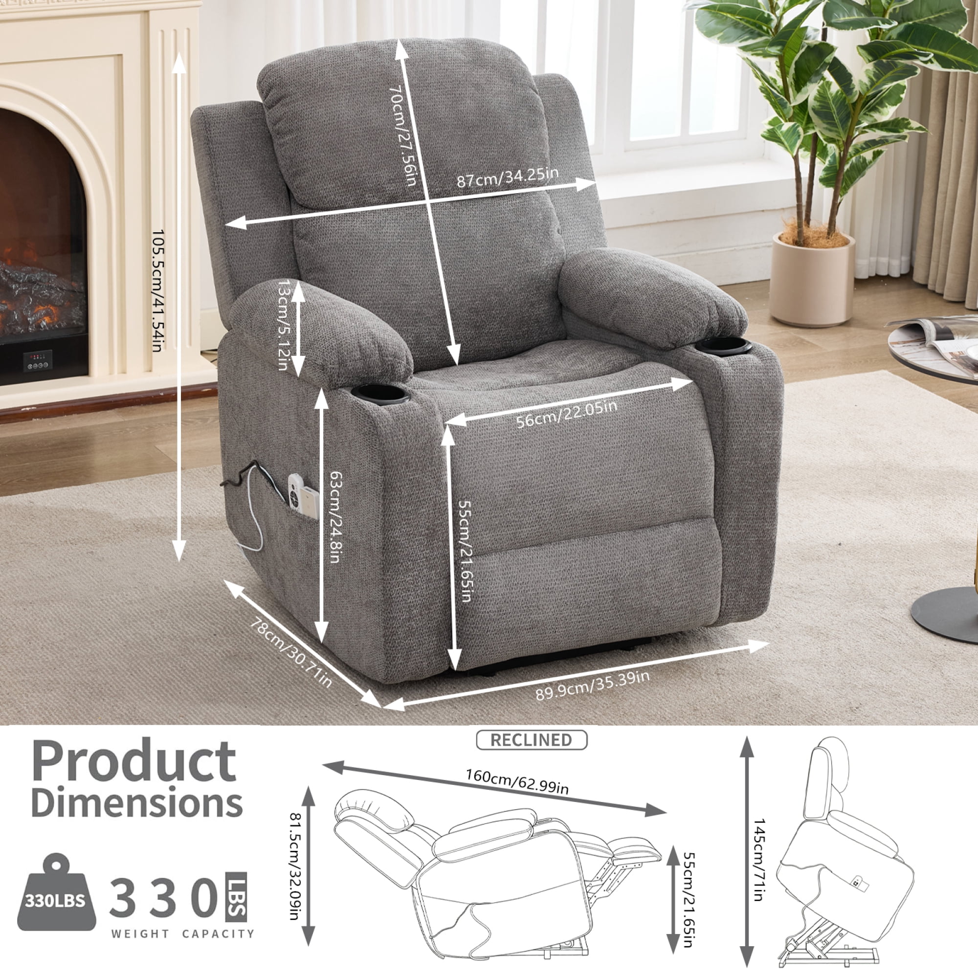 Leumius Power Lift Recliner Chair for Elderly,Heavy Duty Infinite Position Recliners Chair with 8-Point Vibration Massage and Lumbar Heating,Cup Holders,Gray