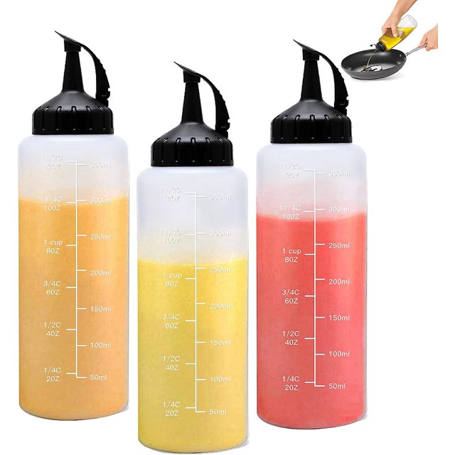 Botellas de condimentos de plástico negro de 350 ml, recargables con tapas de rosca, para salsas picantes, salsa de barbacoa, aceite, condimentos,