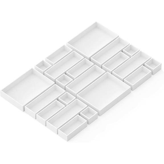 21-Piece Bamboo Drawer Organizer Storage Boxes Set, Wood Tray Junk Drawer Organizers Multi-Use Divider Bins for Kitchen, Bathroom, Office Desk and Makeup Organization (21 Pack, White)