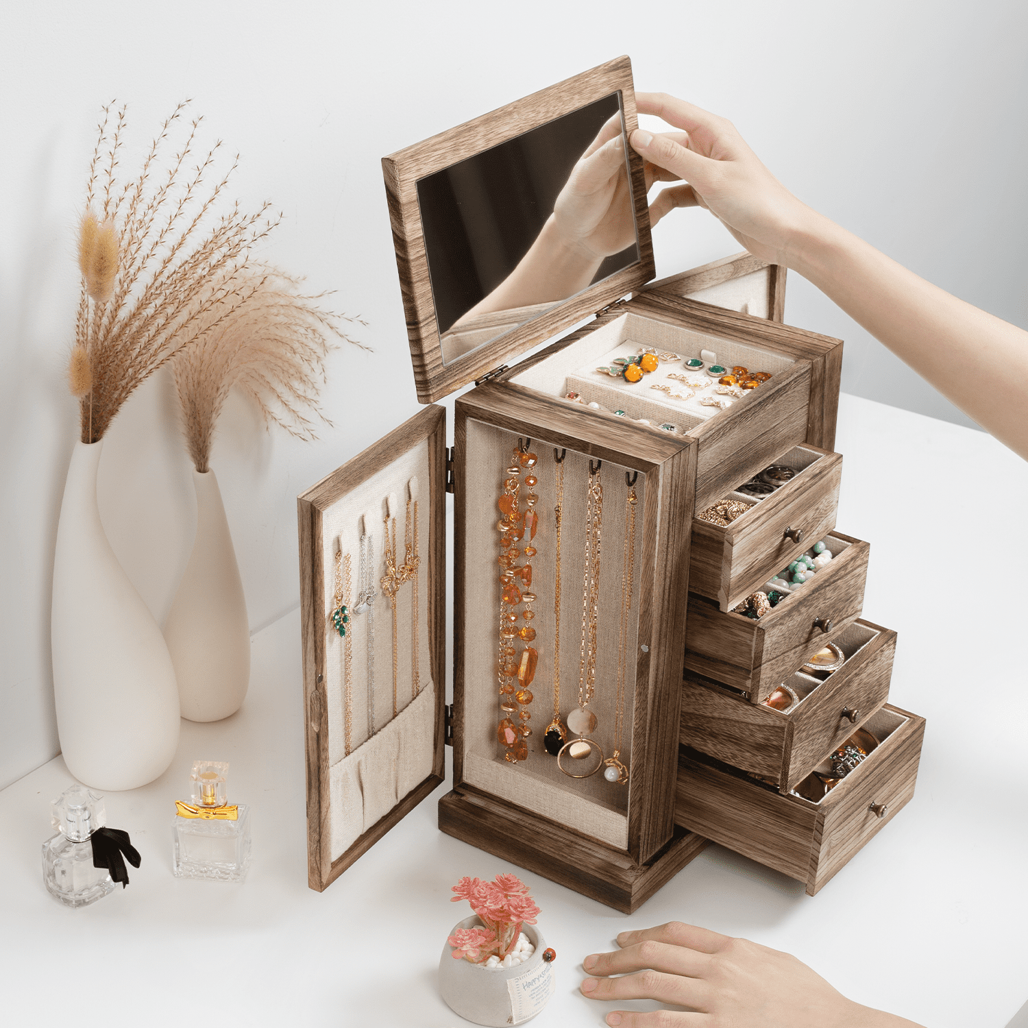 Jewelry Box for Women, 5 Layer Large Wood Boxes & Organizers for Necklaces Earrings Rings Bracelets, Rustic Organizer with Drawers and Mirror