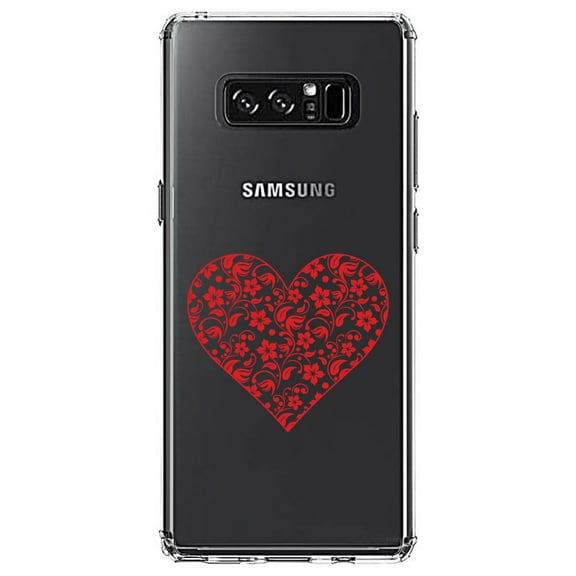 DistinctInk Clear Shockproof Hybrid Case for Samsung Galaxy Note 8 - TPU Bumper Acrylic Back Tempered Glass Screen Protector - Clear Red Floral Heart