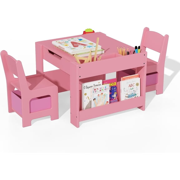 EastVita Kids Table and Chair Set,4 in 1 Wooden Activity Table & 2 Chairs with Storage Drawer Detachable Tabletop for Toddlers Kids Drawing,Reading,Crafts,Art