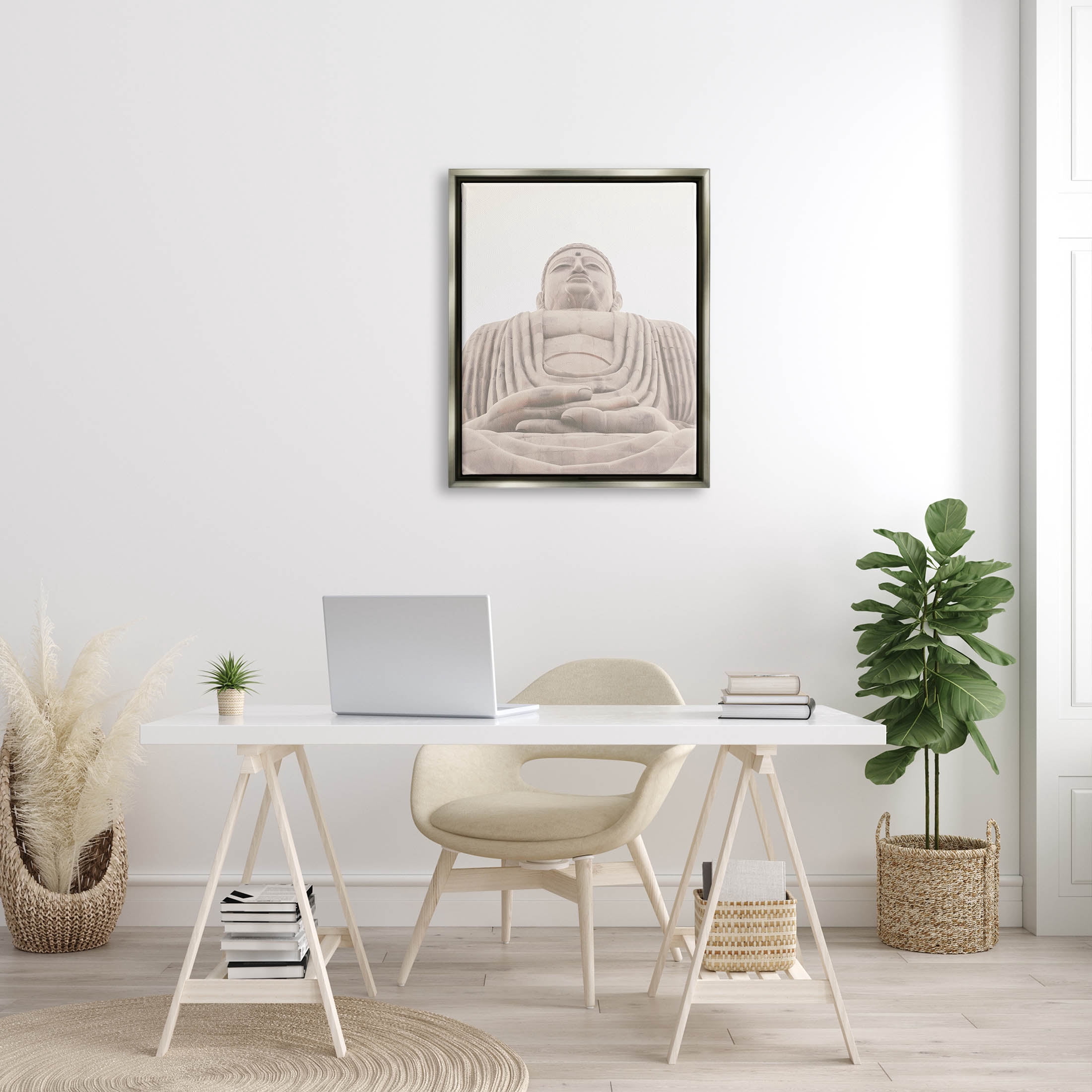 Spiritual Buddha Sacred Sculpture Religious Photograph Luster Gray Framed Art Print Wall Art