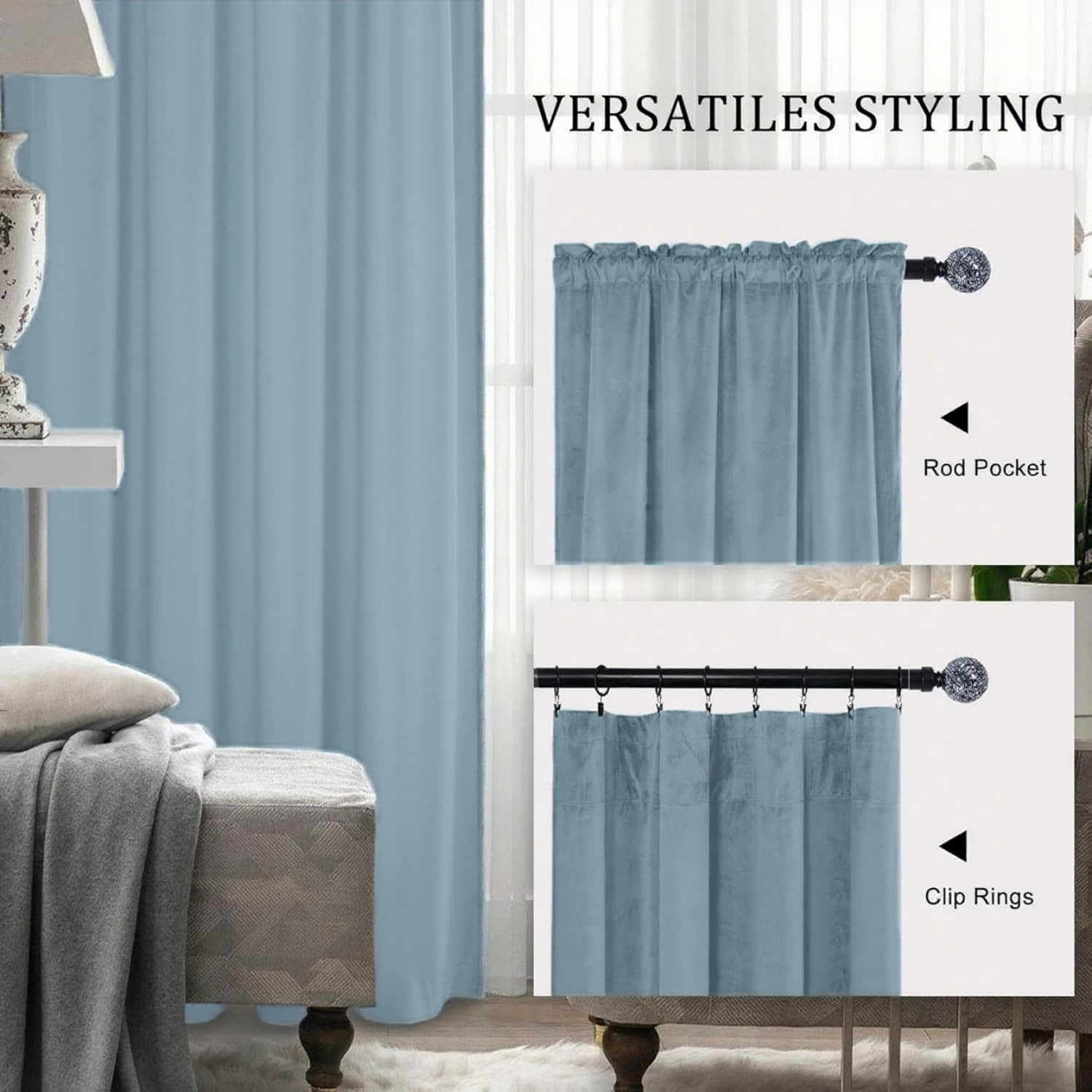 Sky Blue 52 X 84 Velvet Curtains for Bedroom & Living Room, Thermal Insulated Light Filtering Drapes, Noise Reducing Rod Pocket Window Treatments, 2 Panels