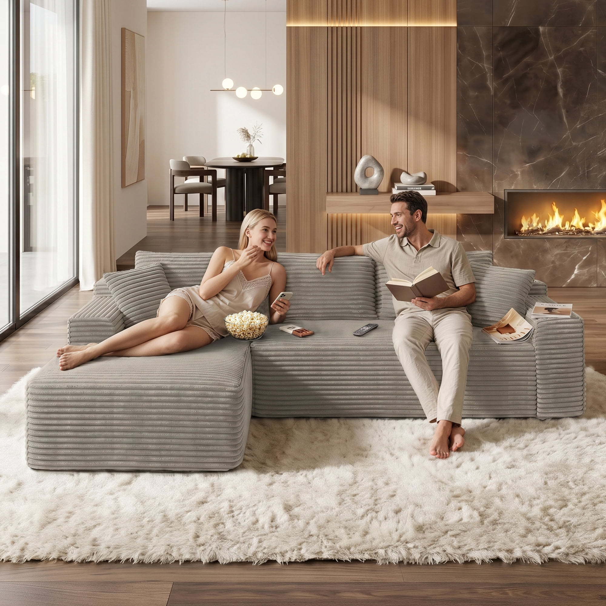 Aukfa 96" Cloud Sectional Couch, Modular L Shaped Boneless Sofa with Left Facing Chaise&2 Storage Pockets, Camel