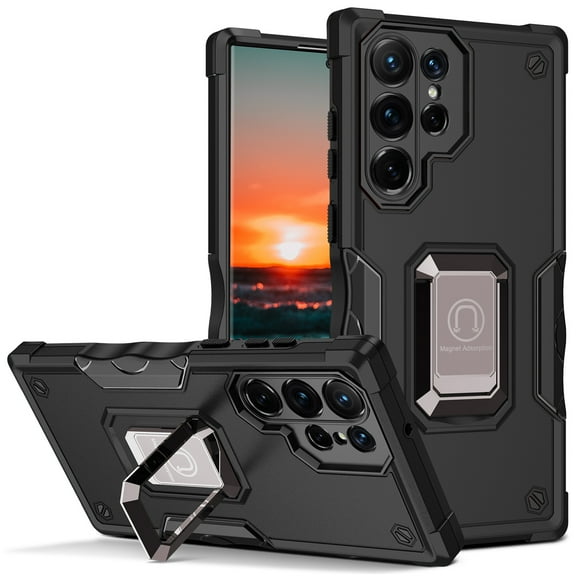 TJS for Samsung Galaxy S22 Ultra Phone Case, [Military Grade] Heavy Duty Magnetic Support Ring Kickstand Cover for Galaxy S22 Ultra (Black)