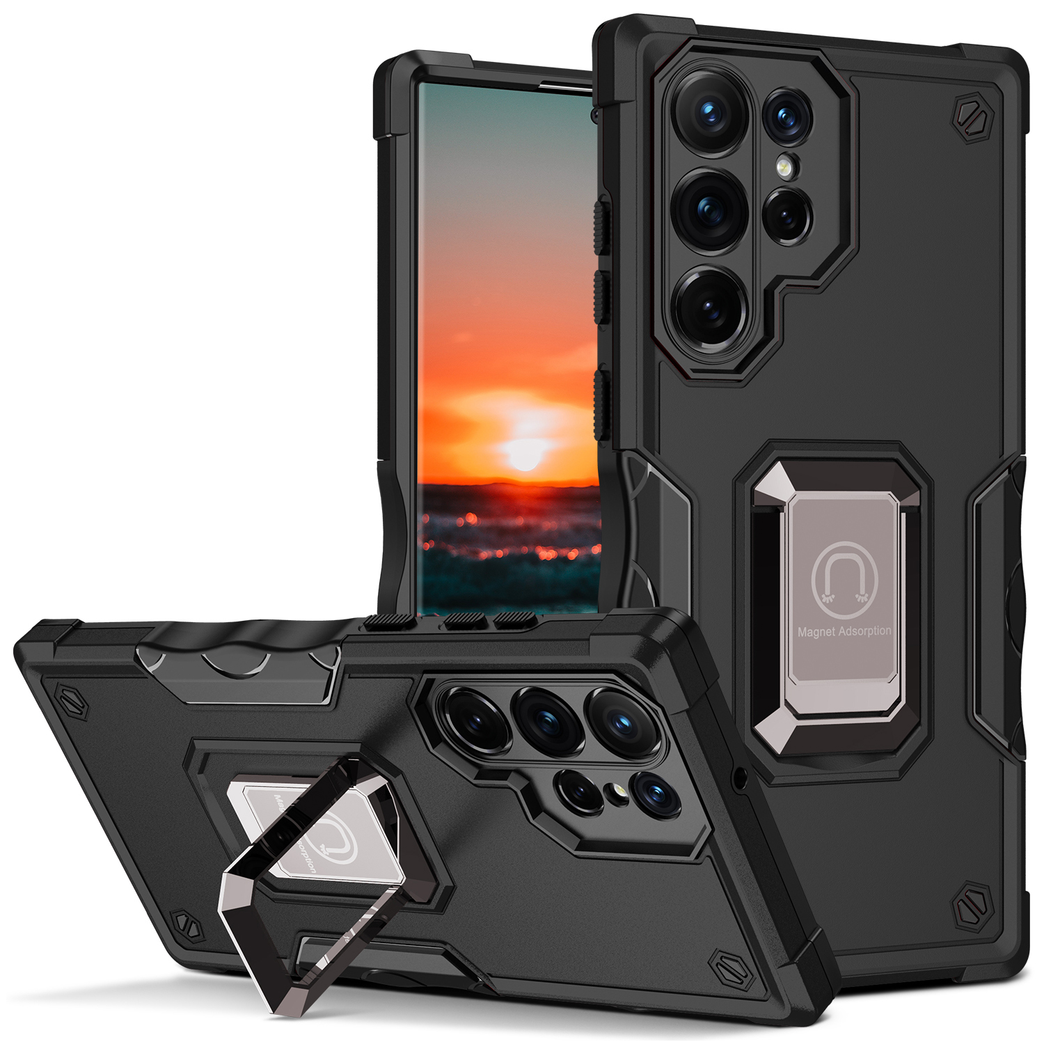 TJS for Samsung Galaxy S22 Ultra Phone Case, [Military Grade] Heavy Duty Magnetic Support Ring Kickstand Cover for Galaxy S22 Ultra (Black)