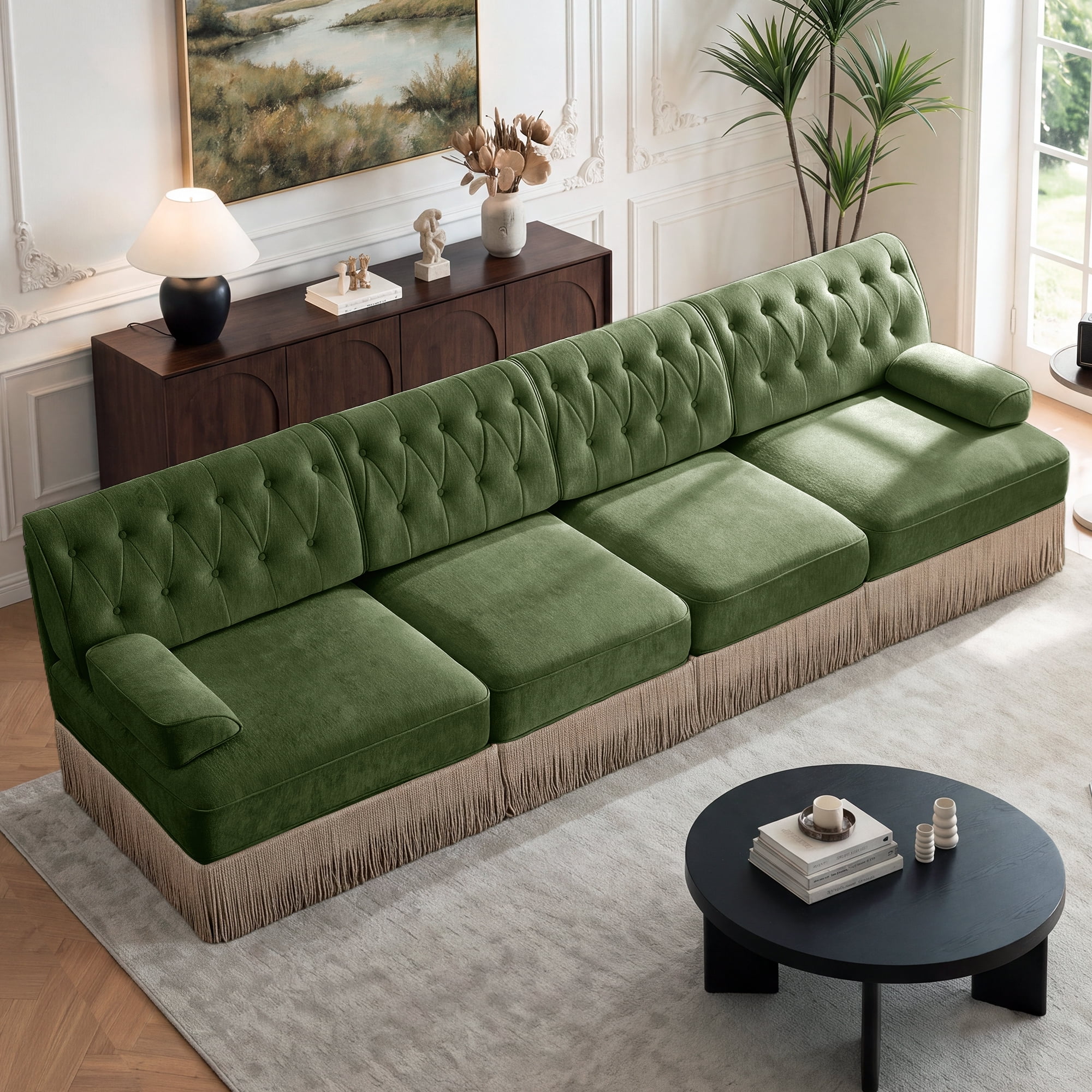 135" Velvet Fabric 4-Seater Sofa with Tassel Fringe Skirt and Button Tufted Design, Easy to Assemble