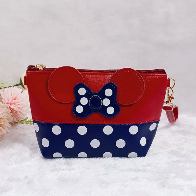 Bolsa de maquillaje de Disney para mujer, cartera con lazo de dibujos animados de Mickey Mouse y Minnie, bolsa de almacenamiento de llavero multifuncional de PU, bolso de mano para niñas Gao Jinjia LED