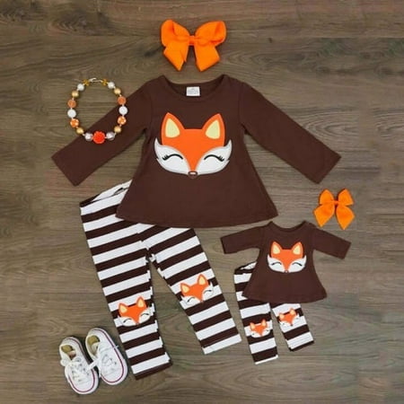 2Pcs Toddler Baby Kids Girls Fall Outfit Fox T Shirt Top Dress + Striped Pants Clothes