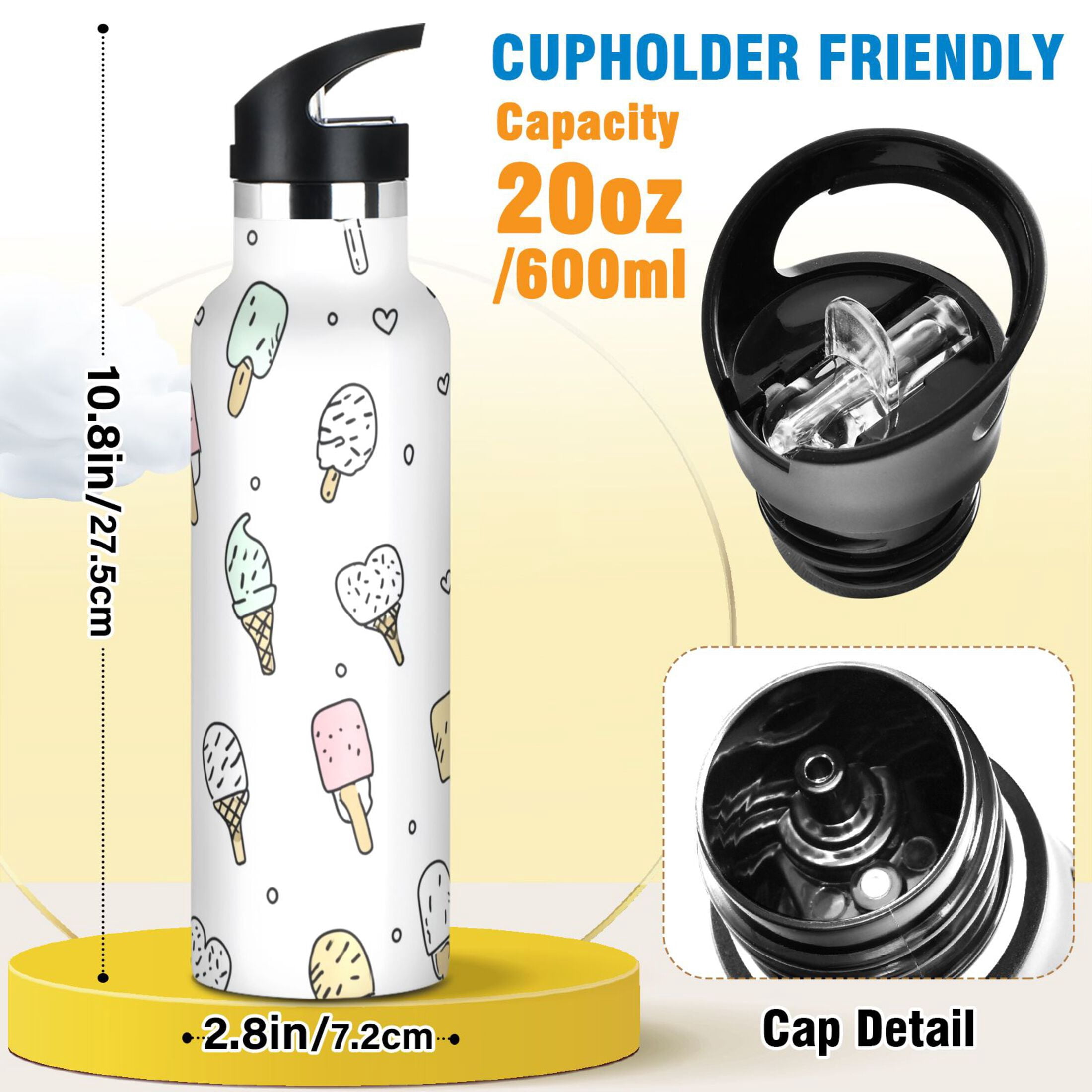 Kids Insulated Stainless Steel Sports Water Bottle 600ml Pastel Ice Cream Pattern