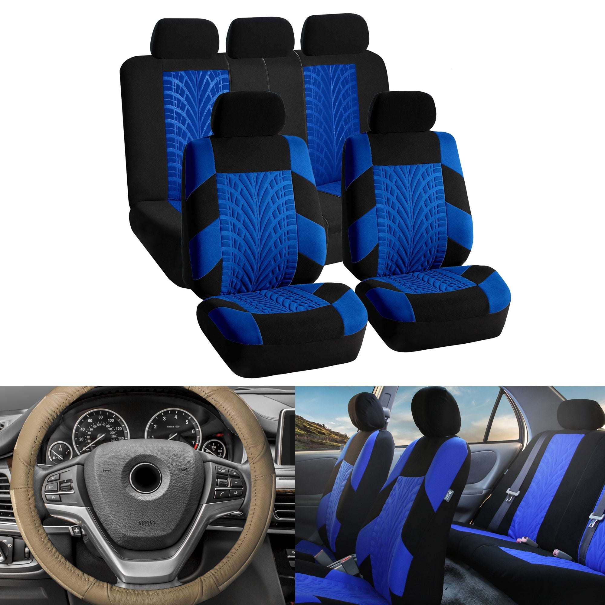 FH Group Blue Car Seat Covers for Car SUV with Beige Leather Steering