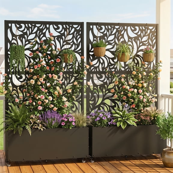 FOOWIN 71" H Metal Planter with Trellis and Wheels Set of 2, Outdoor Raised Garden Bed for Climbing Plants, Trellis Planter Box with Drainage Hole, Black