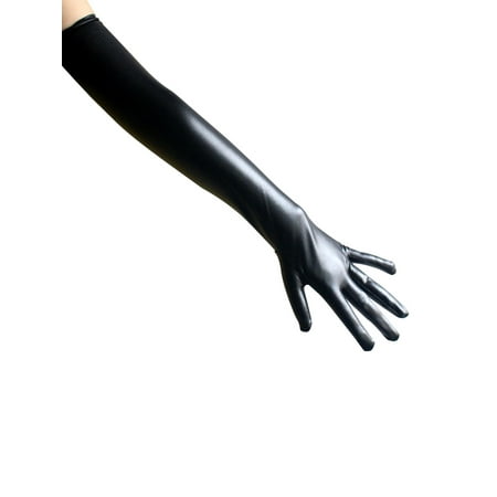 Womens Shiny Wet Look Elbow Length Long Sexy Black Gloves