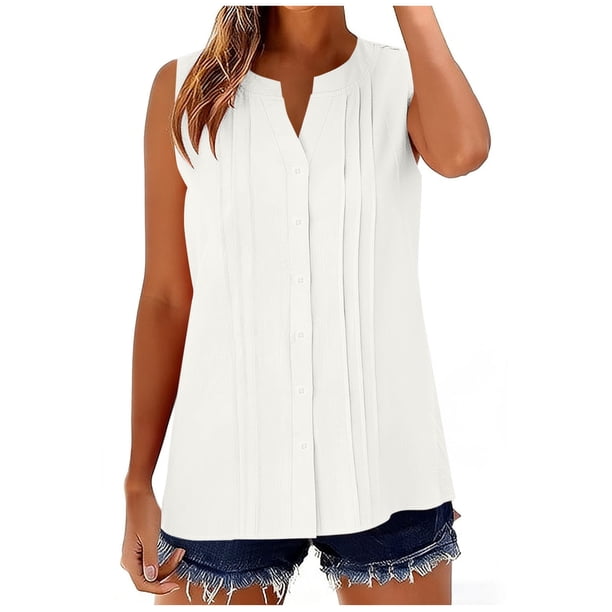 Camisas de Verano de la Mujer Y Tops Cuello V sin Mangas Botón Completo Blusa, Tops sin Mangas de la Mujer de Verano de Color Sólido Casual Transpirable