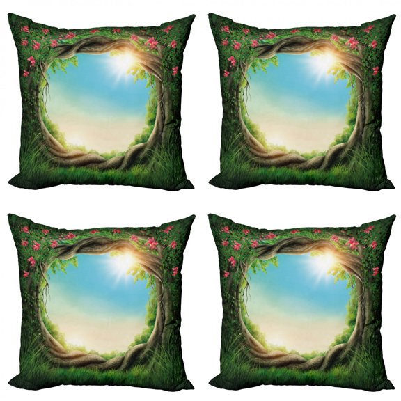 Ambesonne Tree Throw Pillow Cover 4 Pack, Enchanted Forest in Spring, 24", Green Pink Cocoa