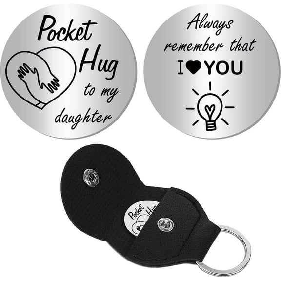 Heart Pocket Hug Token Long Distance Social Relationship Keepsake Stainless Steel Double Sided Inspirational Words with PU Leather Keychain Gift for Women Men Bestie Friends 1.2x1.2 Inch for DIY