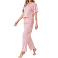 thumbnail image 4 of INSPIRE CHIC Womens Satin Pajamas Silky Short Sleeve V Neck Shirt with Long Pant Soft Loungewear Pjs Set S Pink, 4 of 6