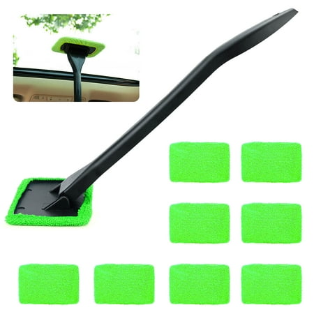 Rectangle Windshield Cleaner Tool Kit, Reusable Car Window Cleaner with Extra 9 Washable Microfiber Pads, Portable Inside Windshield Washer for Auto Interior Rear Glass (Green)