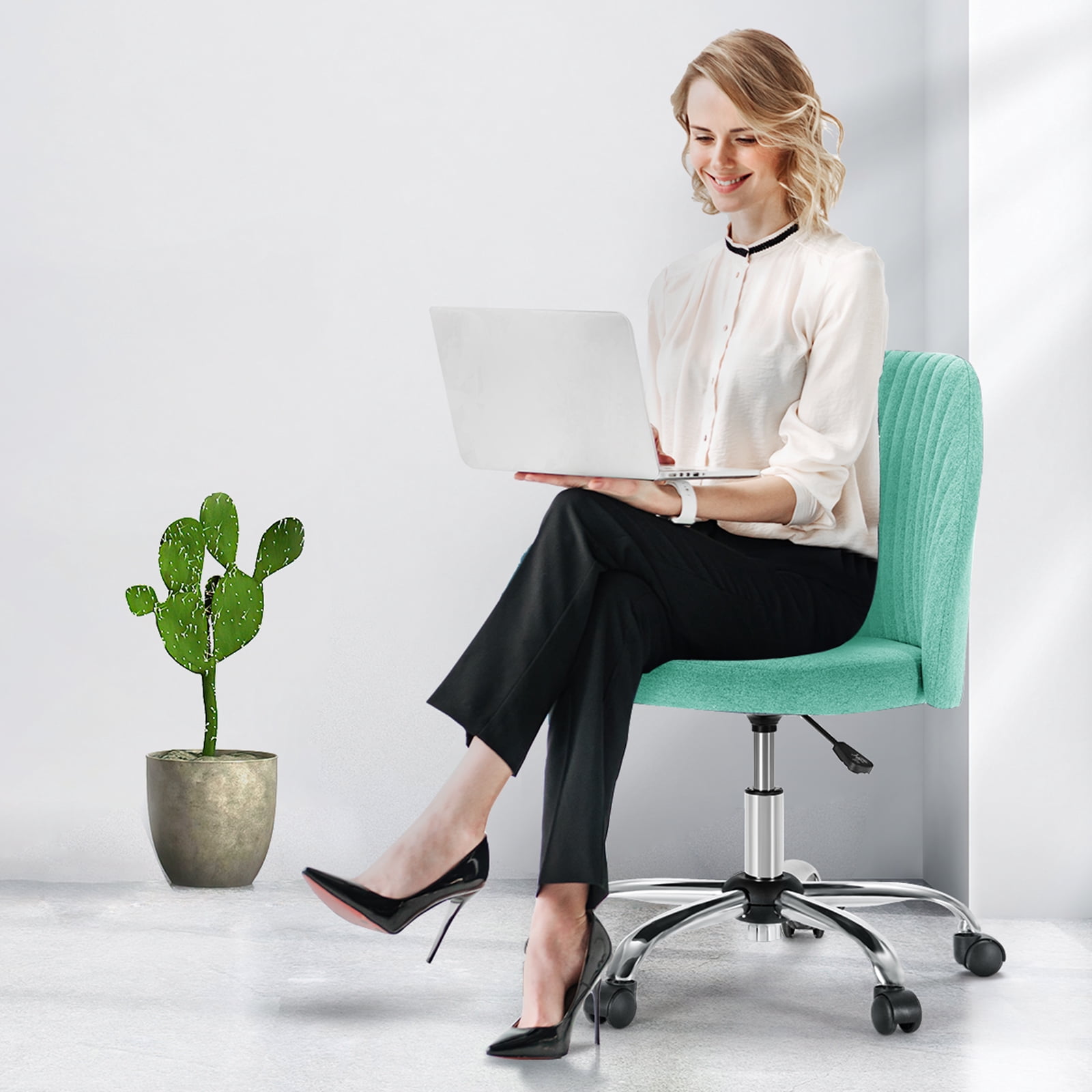 JOINSUN Mid-Back Vanity Chair, Adjustable Rolling Chair, Armless Modern Design for Home Office, Makeup & Small Spaces - Green