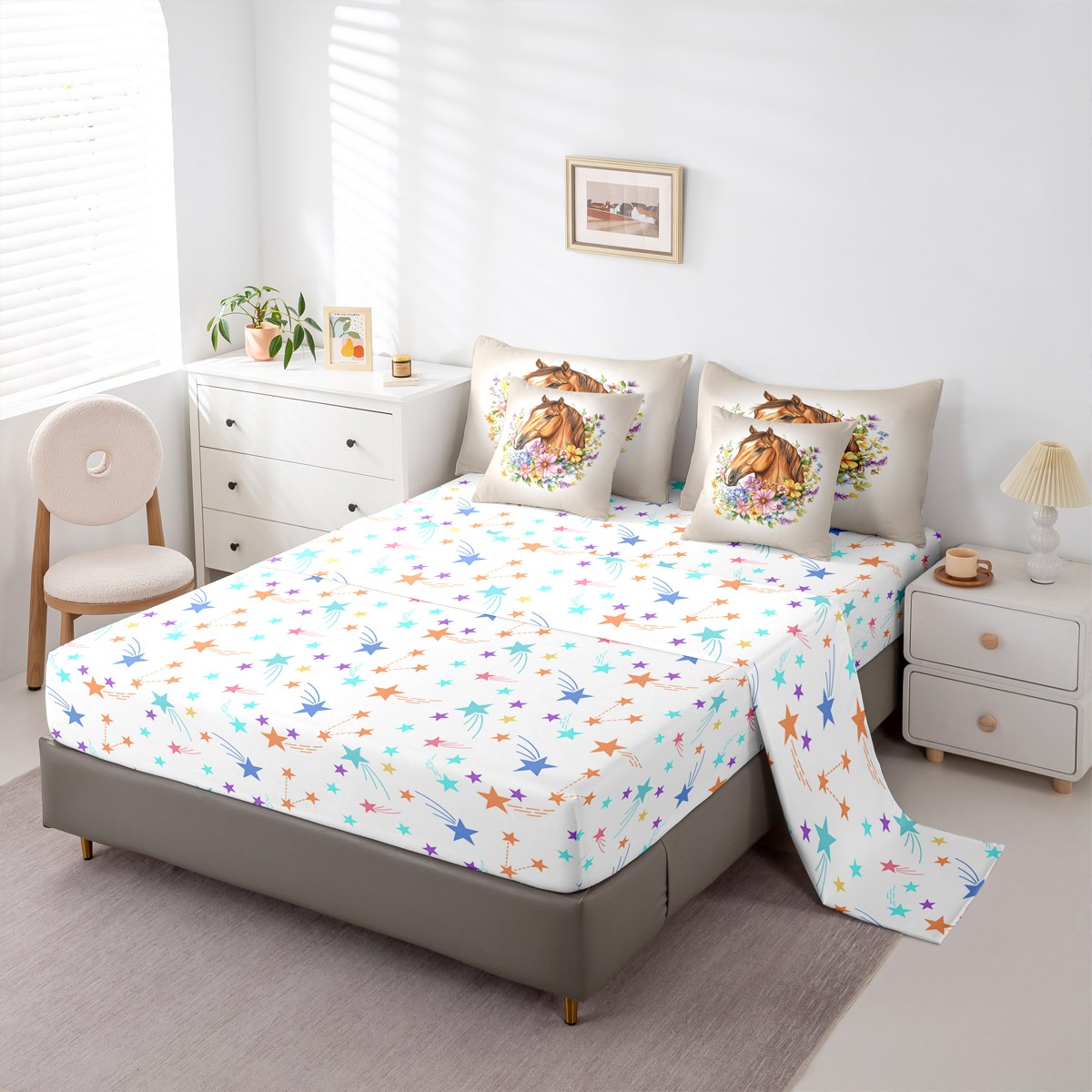 jejeloiu Farm Animal Horse Twin Bedding Sets 7-Piece,Colorful Rustic Flower Bedding Comforter Set,Western Farmhouse Sheet Sets For Teens,Luxury Bedroom Decor Reversible