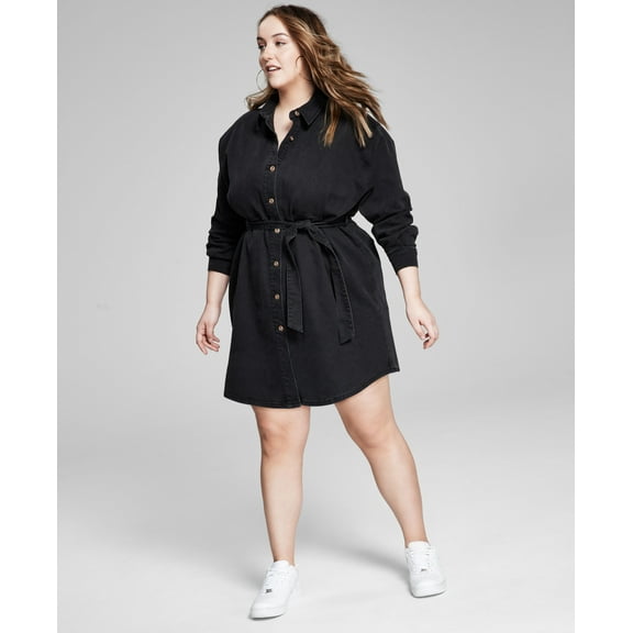 Now This Trendy Plus Size Tie Waist Shirtdress Charcoal 2X