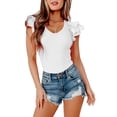 thumbnail image 4 of FOCUSNORM Women Ruffles Fly Sleeve Bodysuits Solid Color Knitted Ribbed V-Neck Skinny Rompers Summer Casual Playsuits, 4 of 9