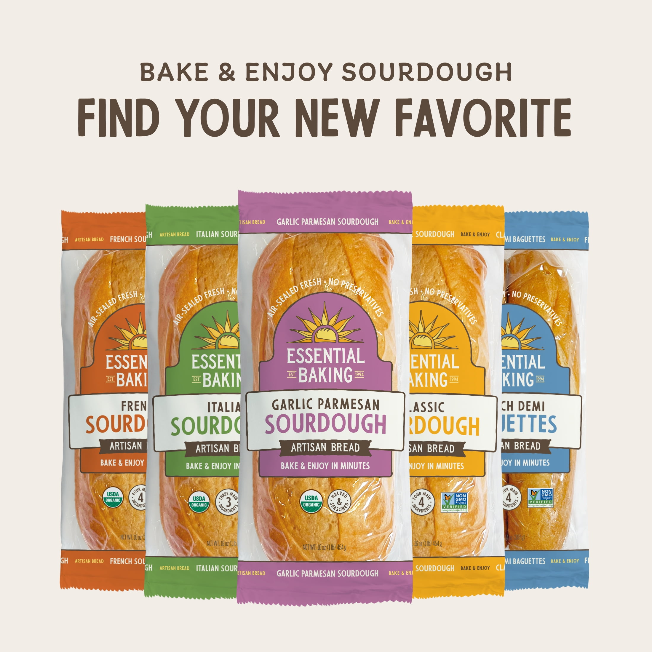 Essential Bake at Home Garlic Parmesan Bread, Certified Organic, Shelf-Stable, 16 oz, 4 Pack