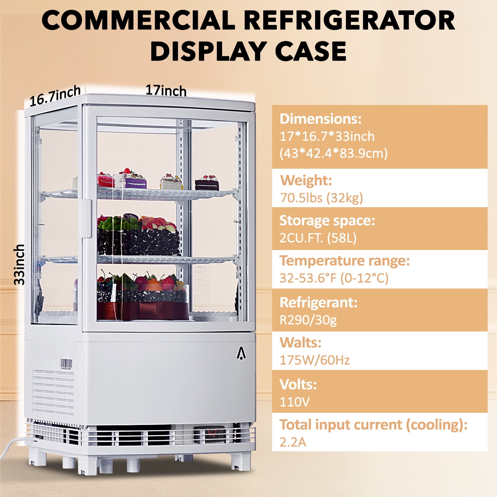 Commercial Refrigerator Display Case 2 Cu.FT, Two Glass Door Display Refrigerator Display Fridge, Countertop/Floor Refrigerator with LED Lighting, Adjustable Shelves, Double-Layered Glass