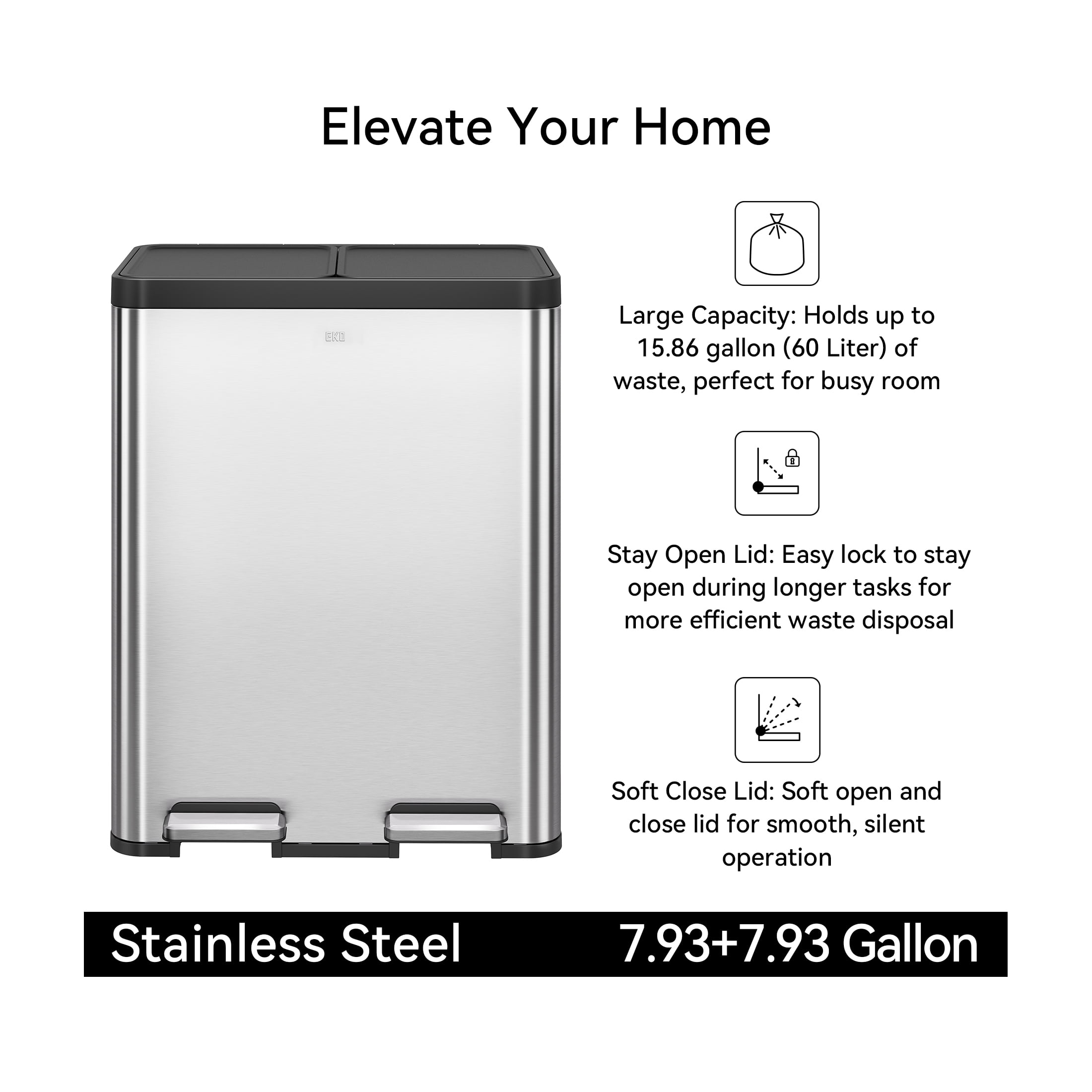 EKO Essential Kitchen Recycling Trash Can, 16 Gallon, Stainless Steel, Silver with Sample Trash Bags Included