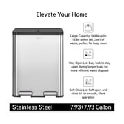 EKO Essential Kitchen Trash Can, 16 Gallon Stainless Steel Recycling Garbage Bin, Silver with Sample Trash Bags Included